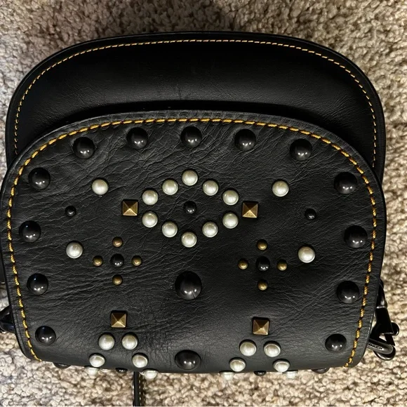 Coach VINTAGE Black Leather Crossbody Bag with Studs and Pearls - Picture 14 of 16